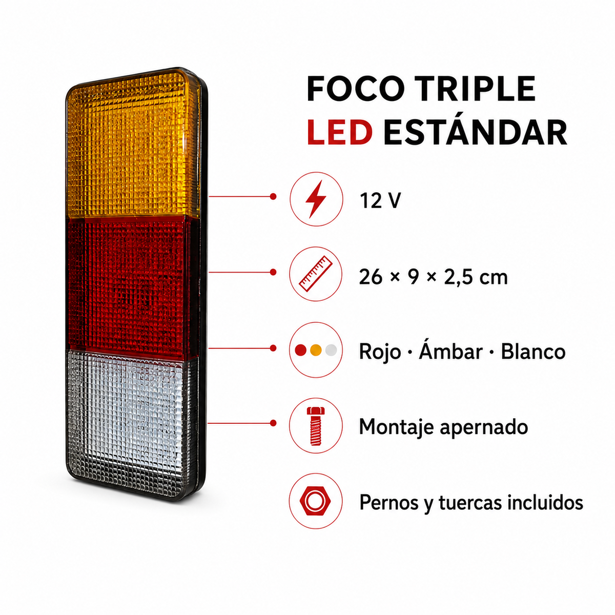 Infografía técnica del foco triple LED estándar de 12 V