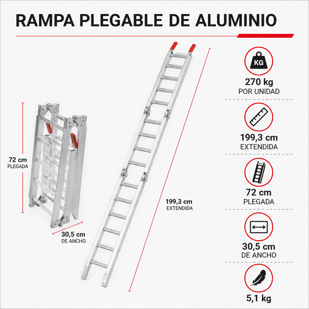 Infografía técnica de la rampa plegable de aluminio