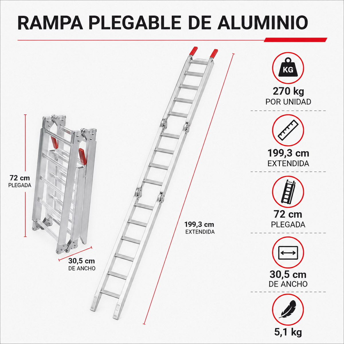 Infografía técnica de la rampa plegable de aluminio